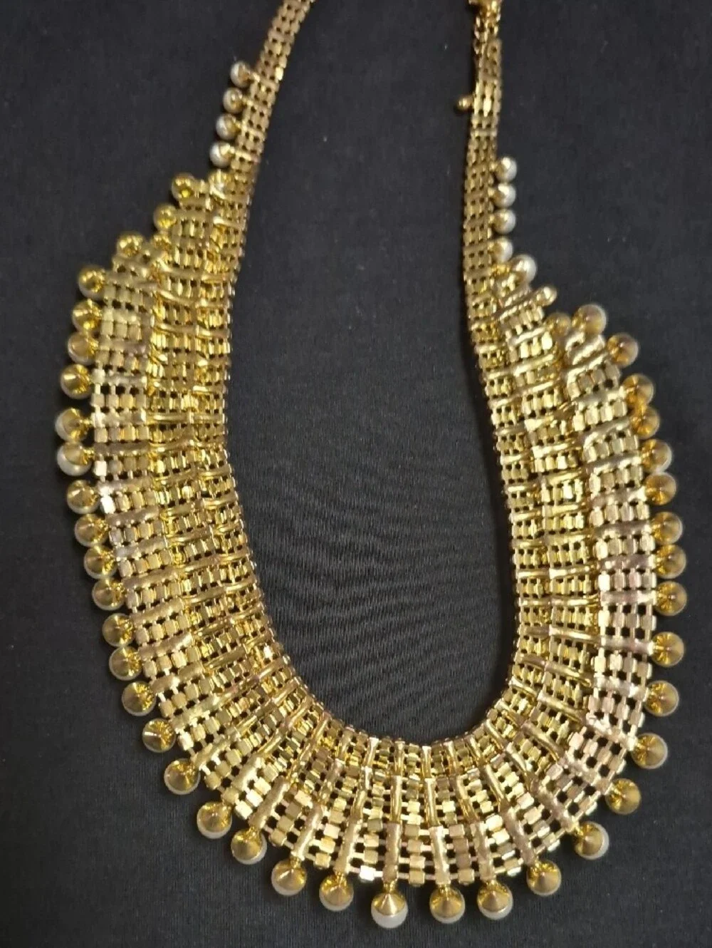 Gold Pearl Collar Necklace with Crystal Rows